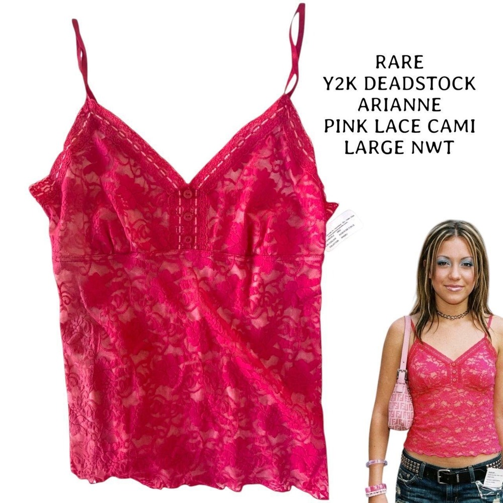 Y2K DEADSTOCK RARE PINK LACE TRIM ARIANNE CAMI LARGE NWT